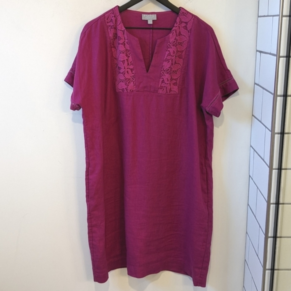 Pure Collection 100% Linen Fushia Lace Detail Split Neck Shift Dress